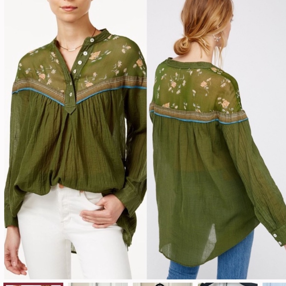 Free People Olive Green Embroidered Blouse
